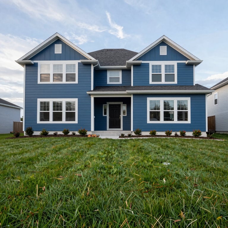 A low-angle exterior shot of a contemporary suburban home in the US with a manicured lawn and steel blue siding.