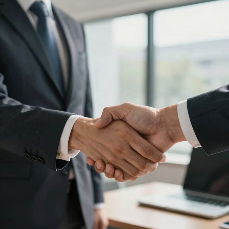 A close-up of a professional handshake between a realtor and a client in a sunlit, modern office setting.