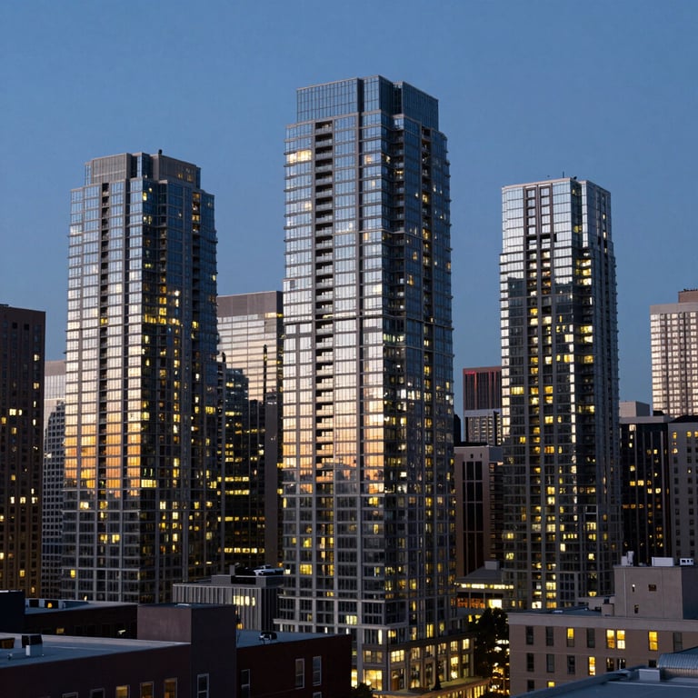 An evening shot of a modern city skyline in North America, with the lights of residential towers reflecting in the glass buildings.