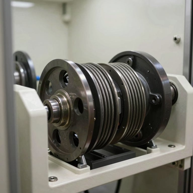 Precision engineering detail of elevator pulleys and steel cables within a clean, off-white mechanical room.