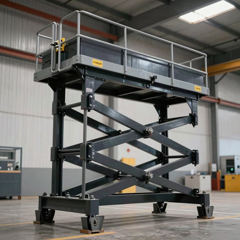 A heavy-duty industrial freight lift designed for government warehouse projects, showcasing durable black and grey metal finishes.