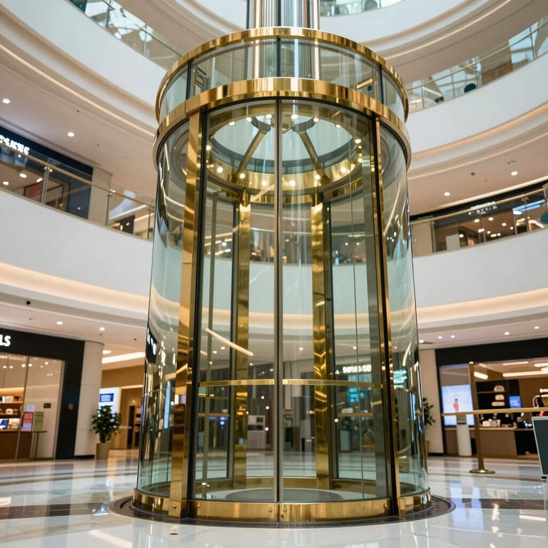 A premium glass elevator with gold accents moving through a multi-story modern luxury mall in a South Asian / Indian metropolitan city.
