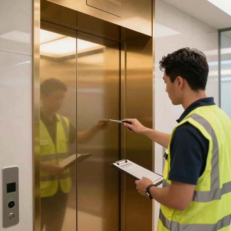 Professional maintenance staff in high-visibility gear inspecting a gold-trimmed elevator door in a corporate building.