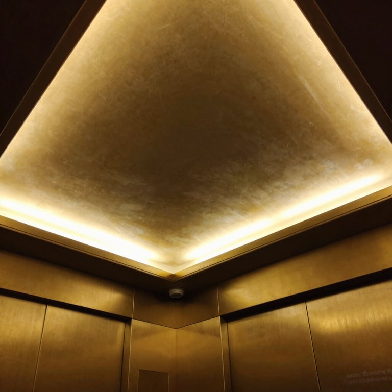 Detail of a gold-plated interior ceiling of a luxury elevator with sophisticated recessed warm lighting.
