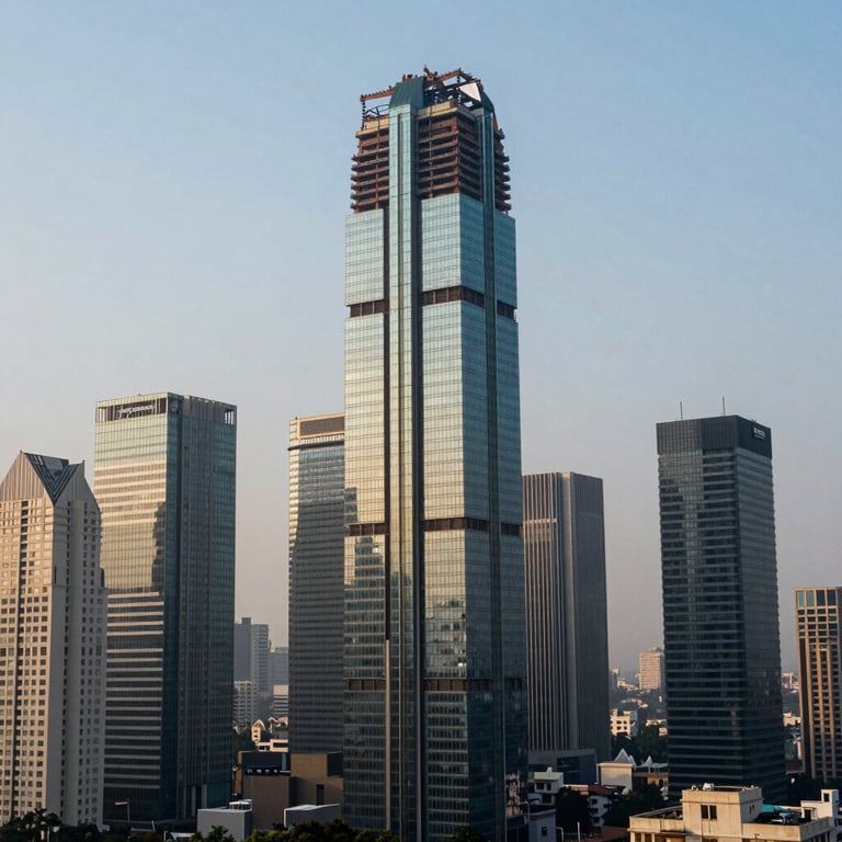 Cinematic view of a skyscraper skyline in India with a prominent new construction featuring an external glass lift system.