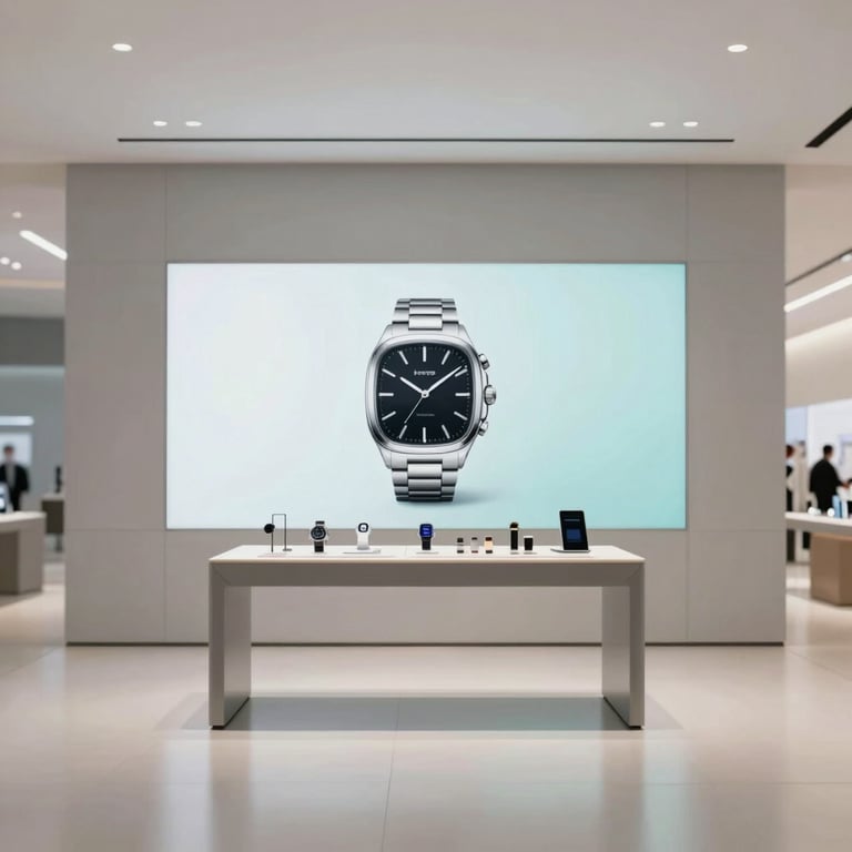 Wide shot of a minimalist flagship store with a robot screen displaying a premium watch, #F0F2F5 clean aesthetic.