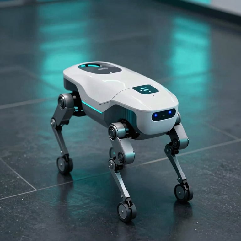 Top-down view of the quadruped robot moving with precision on a dark polished floor, reflecting neon teal lights.