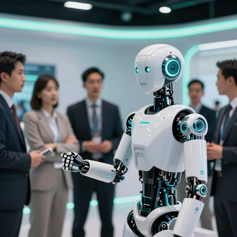 A sleek robot interacting with a group of business professionals in a tech expo, futuristic lighting with #0D7A7D glow.