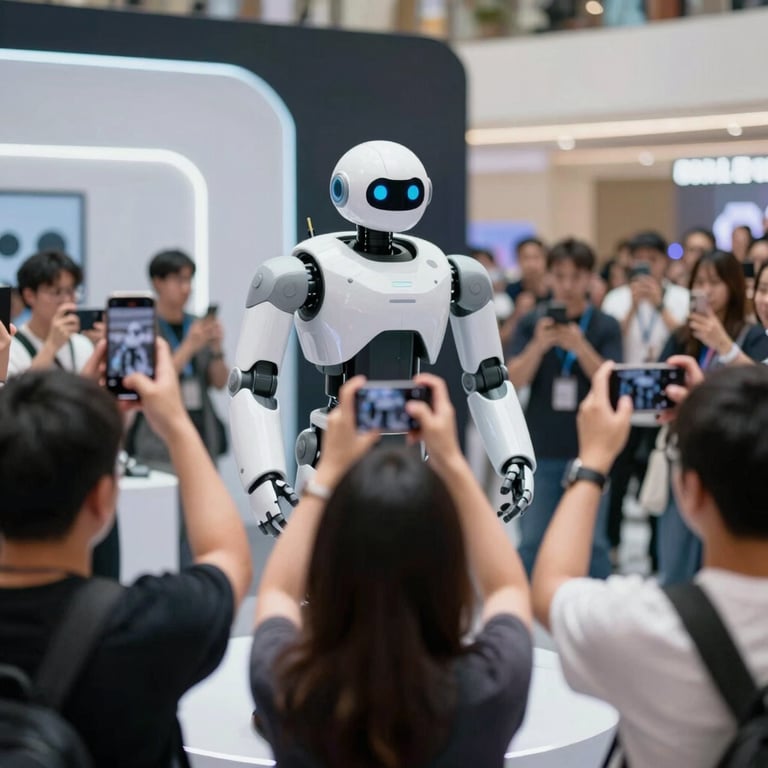 A group of people taking photos of the robot at a brand activation event, high viral energy and motion blur.