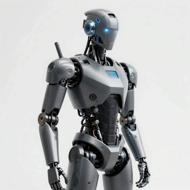 Cinematic profile shot of the robot in a 'ready' stance, emphasizing its sophisticated mechanical design and #1A1A1A finish.