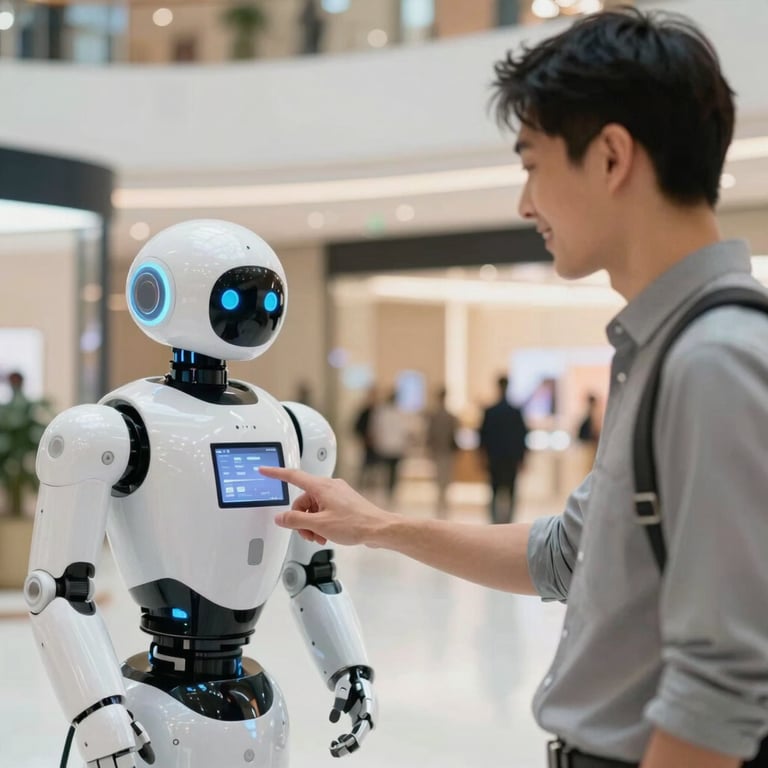 A customer smiling while interacting with the robot's touch screen in a luxury shopping mall setting.