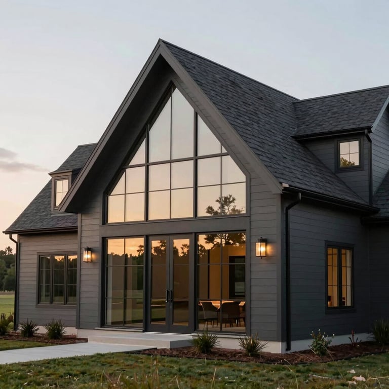 Exterior view of a luxury modern farmhouse with charcoal grey siding and large glass panels in a North American / US countryside setting.