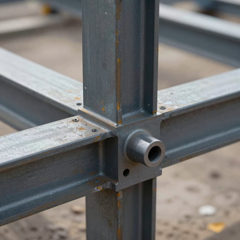 Macro photography of structural steel joints being precisely installed, showcasing robust engineering and detail in a North American / US industrial site.