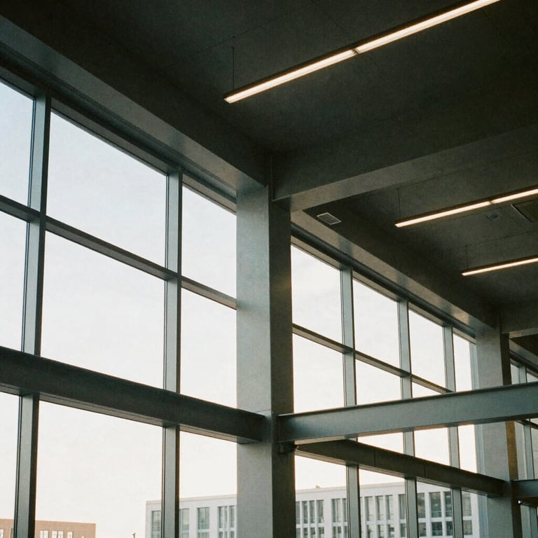Interior of a modern commercial lobby with steel grey beams and large floor-to-ceiling windows in a North American / US office building.