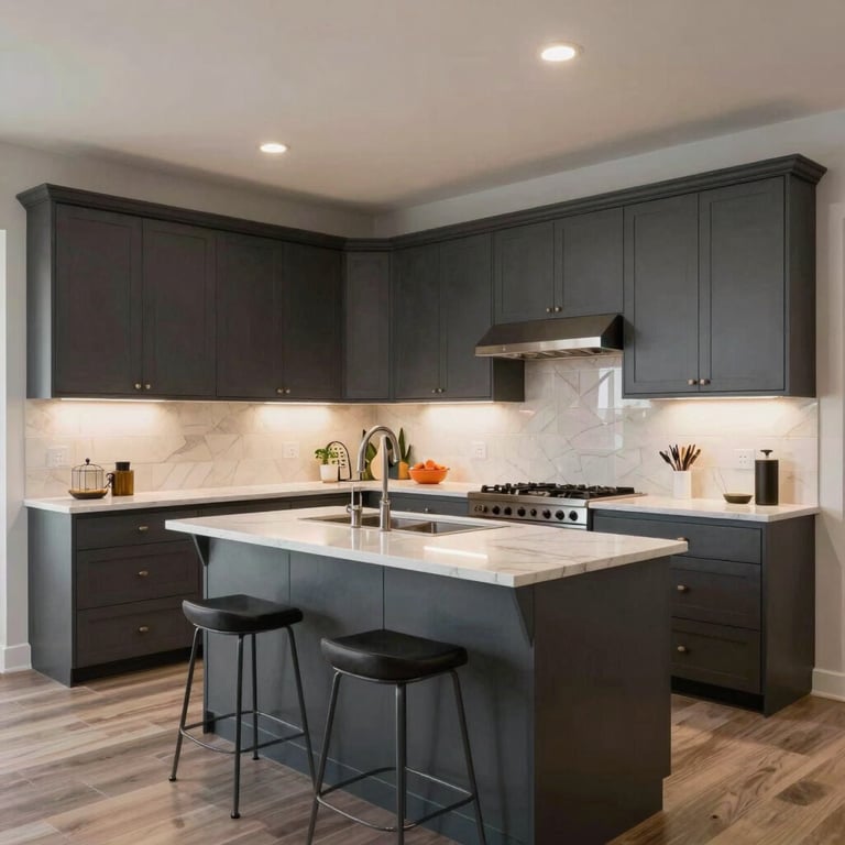 A finished modern open-concept kitchen with high-end dark slate grey cabinetry and professional lighting in a North American / US suburban home.