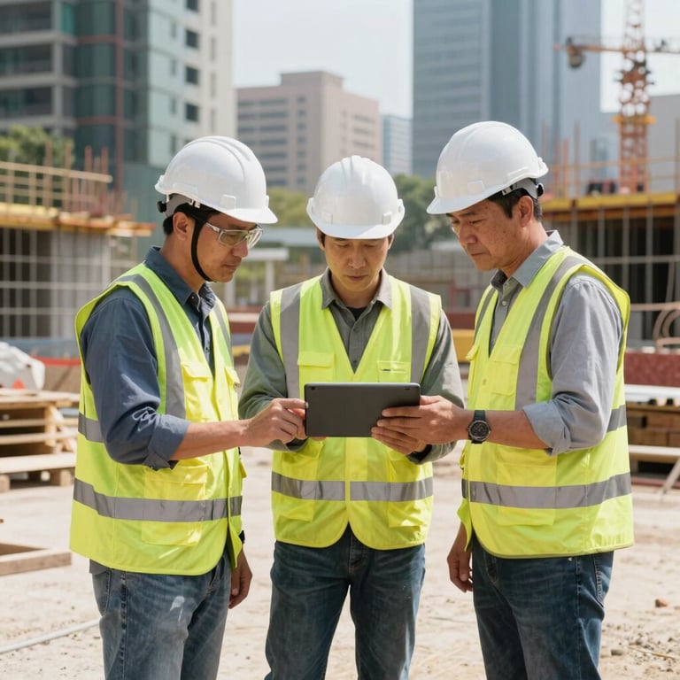 A team of construction professionals in safety gear collaborating over a digital tablet on a tidy construction site in a North American / US urban area.