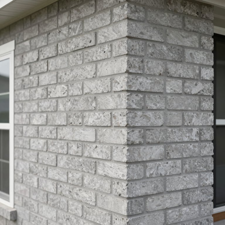 A detailed shot of high-quality modern masonry on a residential home in a North American / US neighborhood, showing clean mortar lines and pale grey brickwork.