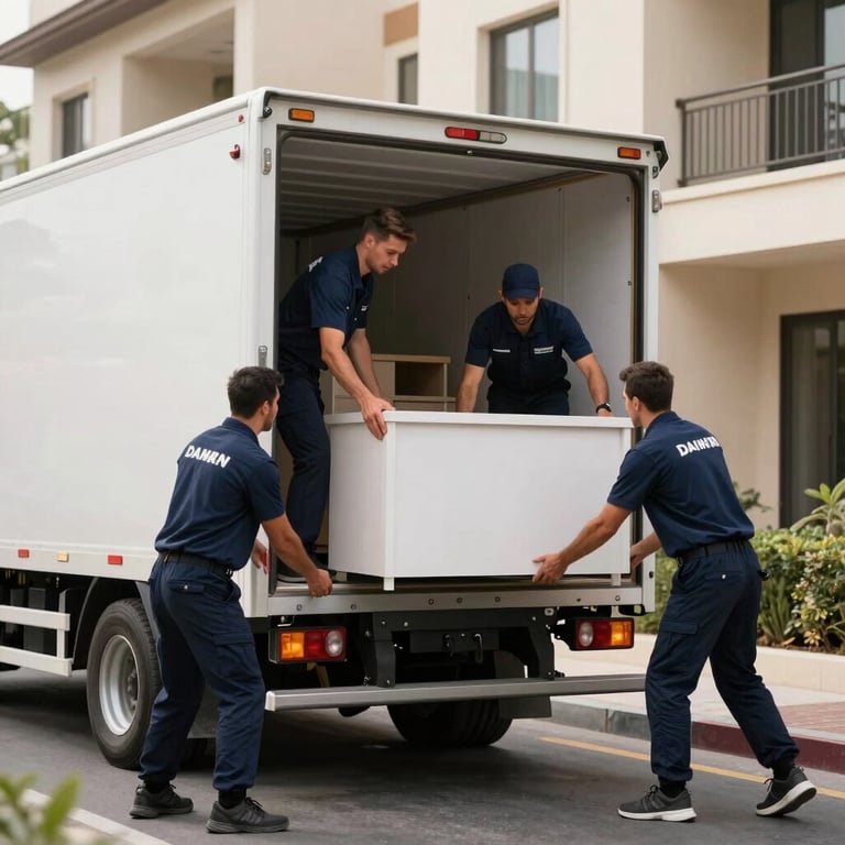 A team of movers in navy blue uniforms loading furniture into a sleek white truck in a high-end Dubai neighborhood.