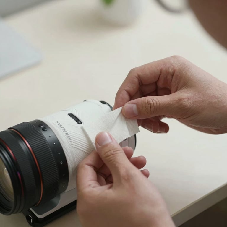 Close-up of professional hands applying protective wrapping to a modern electronics item in an off-white room.