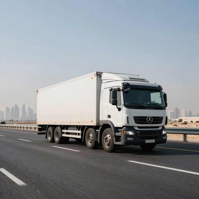 A wide-angle shot of a moving truck on a clean highway with the hazy Dubai skyline in the distance.