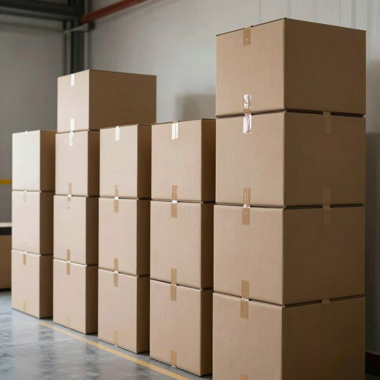 An organized array of moving boxes in various sizes, neatly stacked in a clean, modern storage facility.