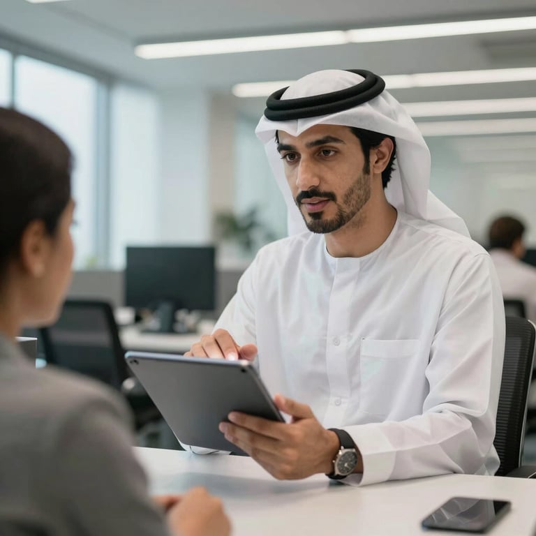 A moving coordinator using a digital tablet while talking to a client in a modern Middle Eastern / Gulf office.