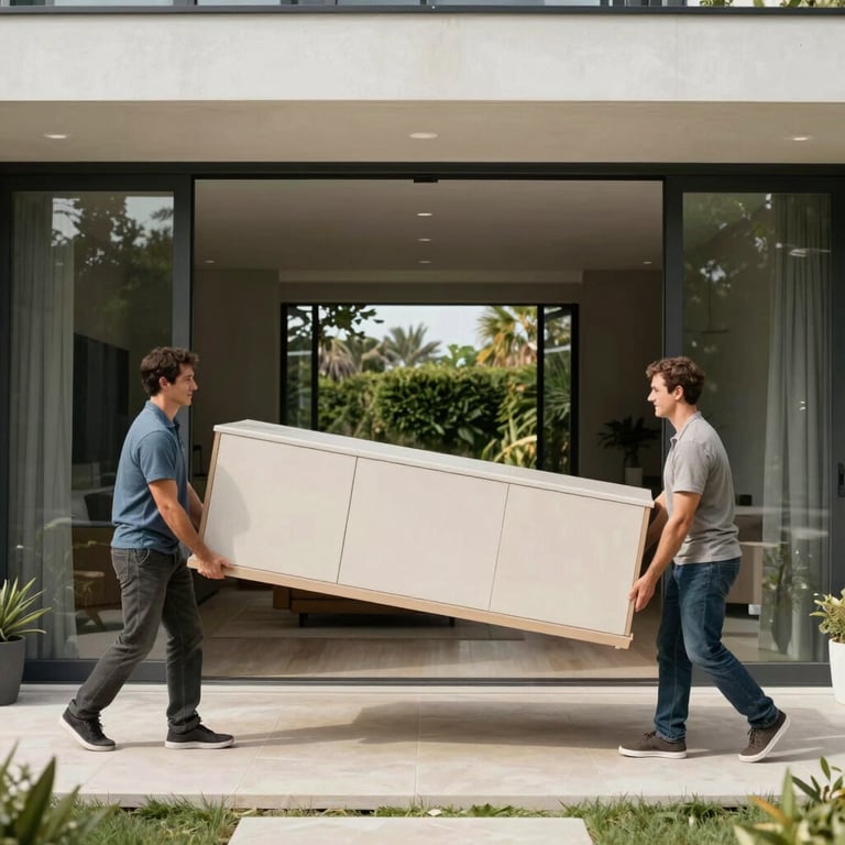Two movers carefully carrying a large piece of furniture through the entrance of a contemporary villa.