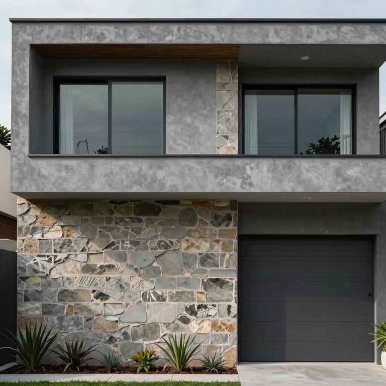 A modern Brazilian home facade featuring a mix of exposed structural masonry and cool grey smooth finishes.