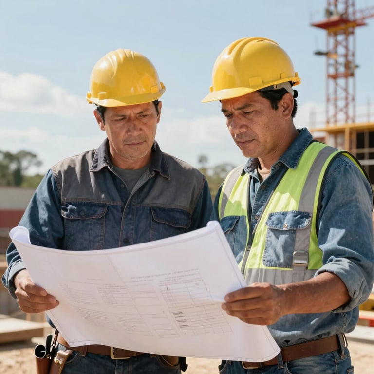Professional builders in South American construction attire conferring over blueprints on a bright, sunny day.