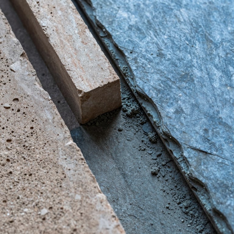 A macro shot of high-quality building materials including textured bricks and slate blue cement mix.