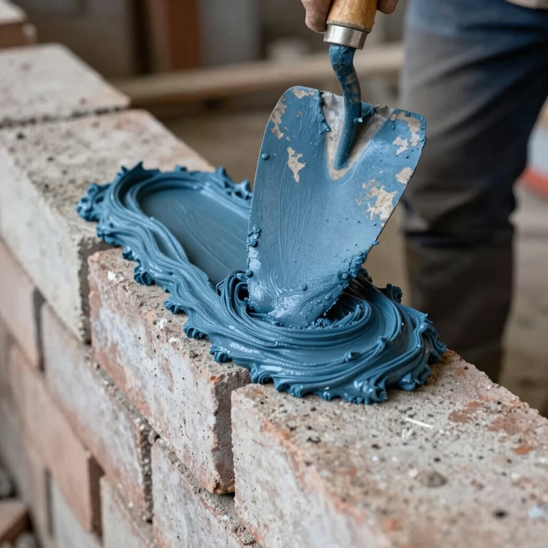 A detailed shot of a trowel spreading smooth slate blue mortar on a row of clean bricks at a South American job site.
