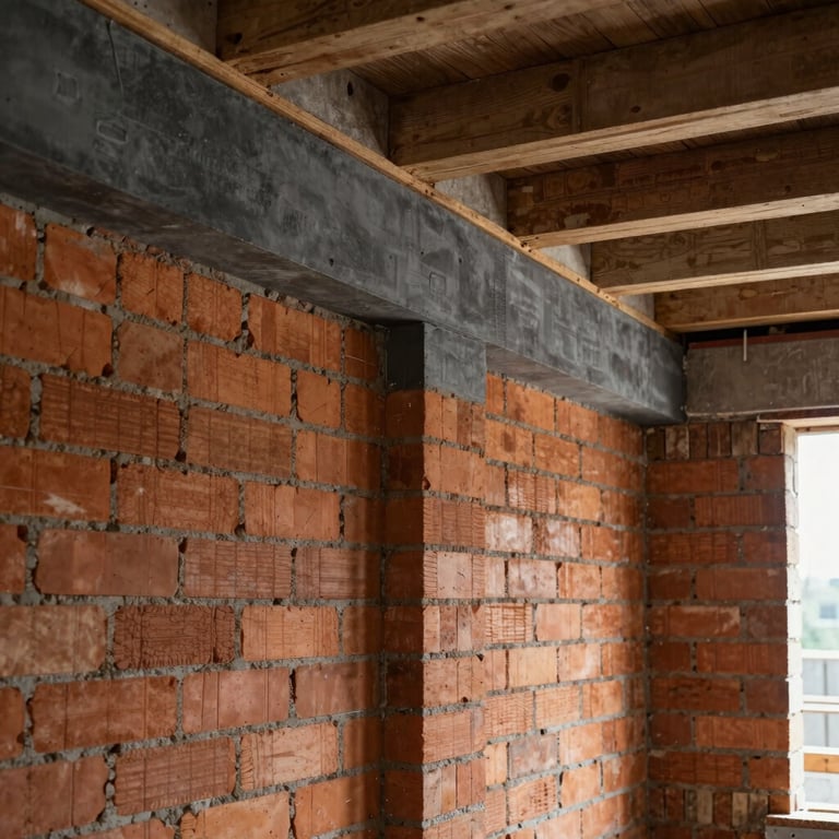 Internal view of a construction project showing perfectly leveled brick walls and sturdy charcoal grey lintels.