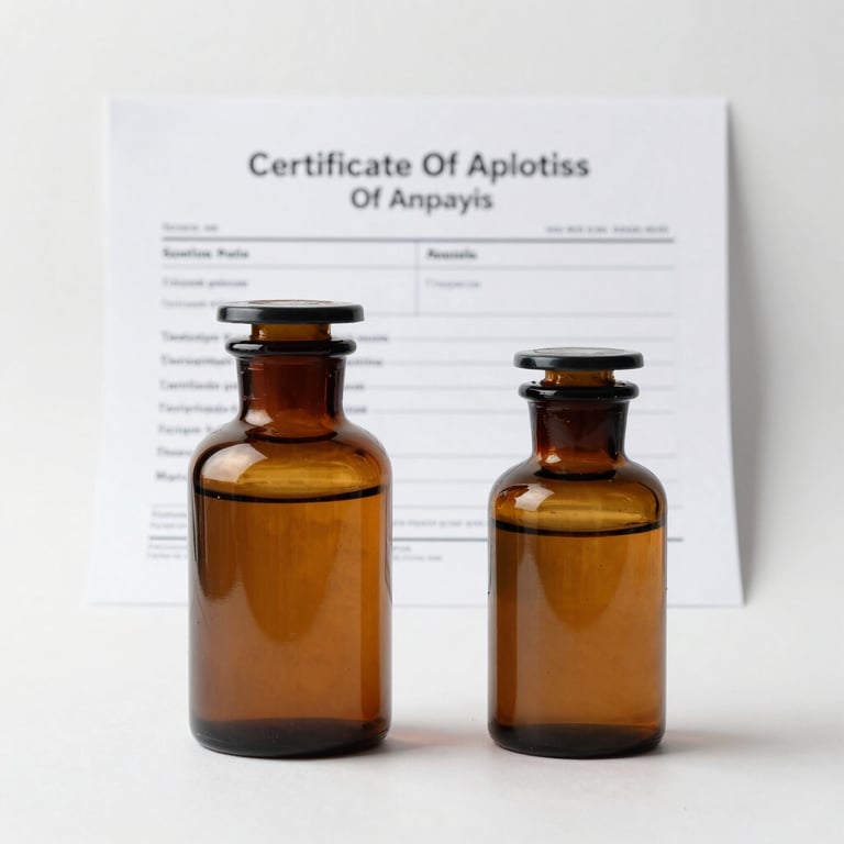 Straight-on eye-level studio shot of a printed Certificate of Analysis document next to a sealed amber glass apothecary jar, clean white background, clinical lighting.