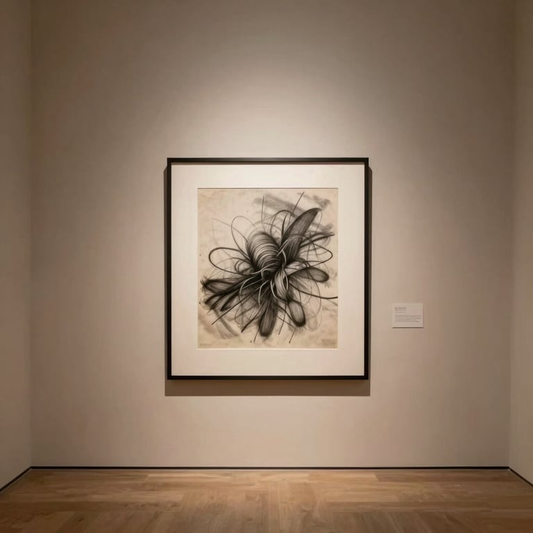 A minimalist gallery wall featuring a single framed charcoal drawing on textured paper, hung in a spacious room with warm plaster walls.