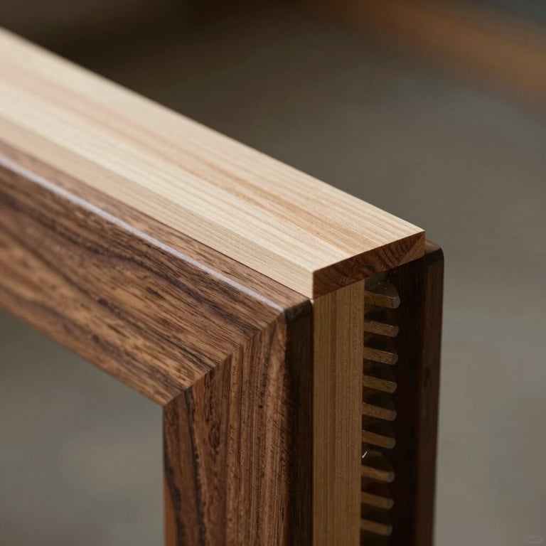 Close-up photograph of a splined miter joint on a walnut frame. A lighter maple spline is seamlessly inserted into the corner, emphasizing the precise, glueless joinery. Soft side-lighting.