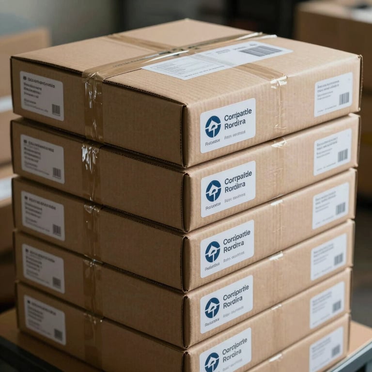 A stack of neatly labeled corporate parcels ready for same-day dispatch.
