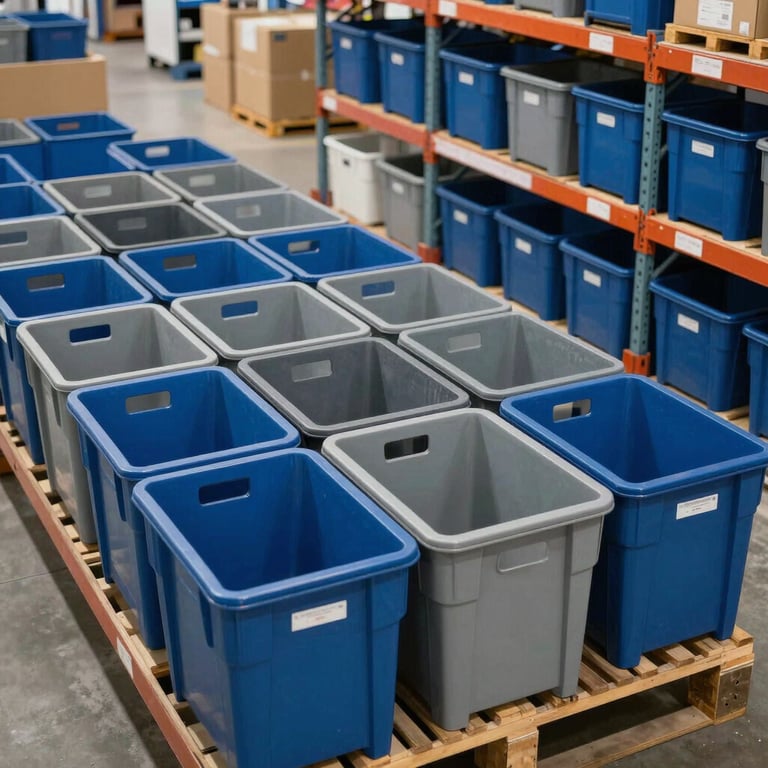 A clean interior of a North American logistics hub with blue and gray sorting bins.
