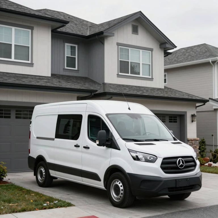 A courier van parked in front of a modern North American residential home.