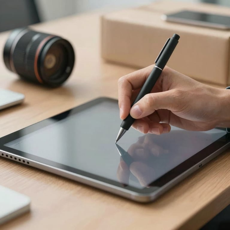A close-up of a hand using a digital tablet to sign for a delivery at a corporate desk.