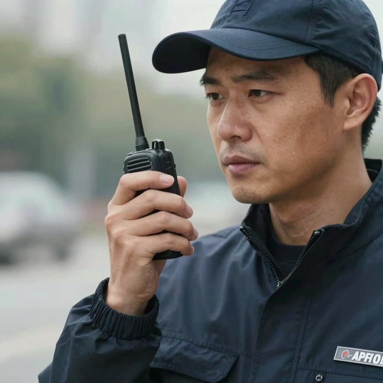 A delivery driver communicating on a handheld radio in a professional setting.