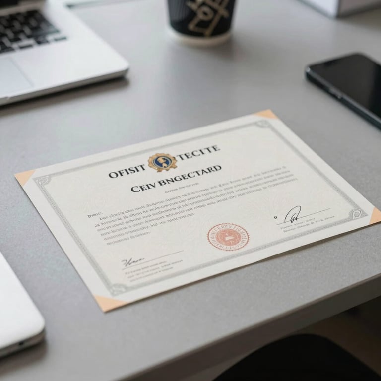 Crisp, clean close-up of an official government certificate with stamp and signature, lying on a modern slate gray desk under bright, even office lighting.