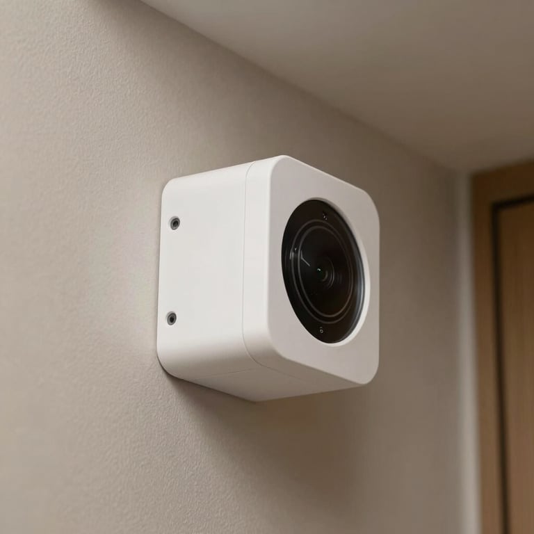 An indoor motion sensor discreetly mounted in a modern home corner.