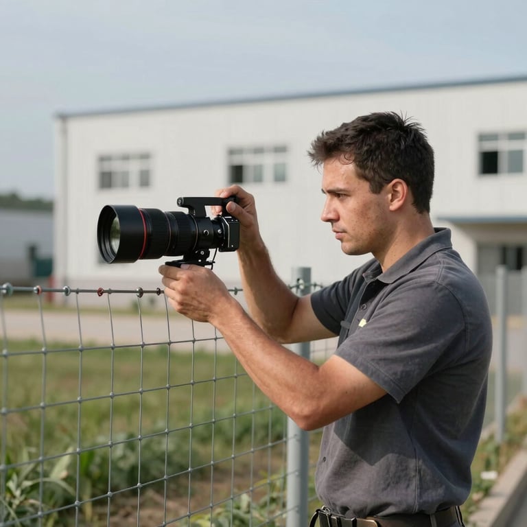 Professional technician installing an electric fence on a commercial building perimeter.
