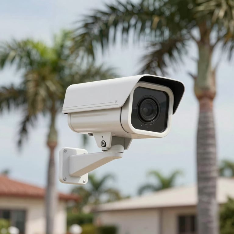 A modern security camera system installed on a palm-lined Mexican property, sharp daylight.