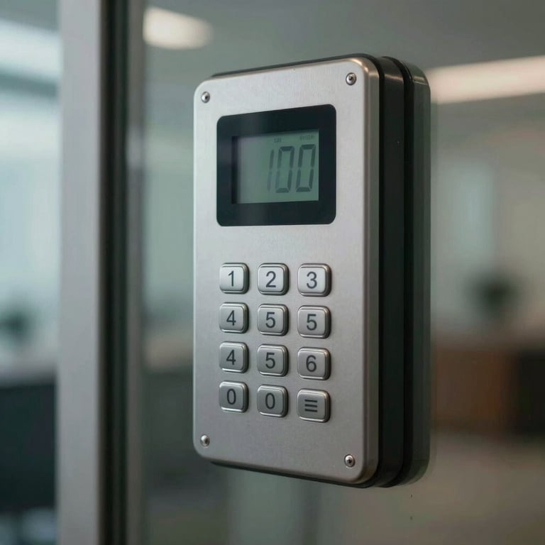 Close-up of a digital access control keypad on a glass office door.