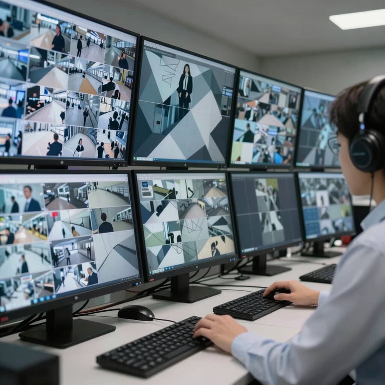 A professional monitoring station with multiple screens showing security feeds.