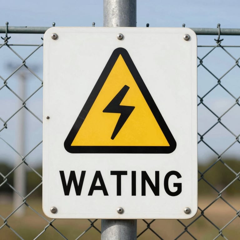 Detailed shot of a high-voltage warning sign on a secure electric fence.