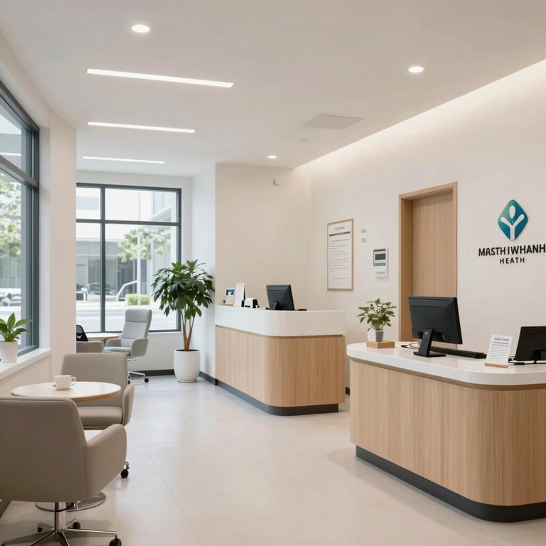A bright, modern health clinic interior in the United States with clean architectural lines and empathetic, professional decor.