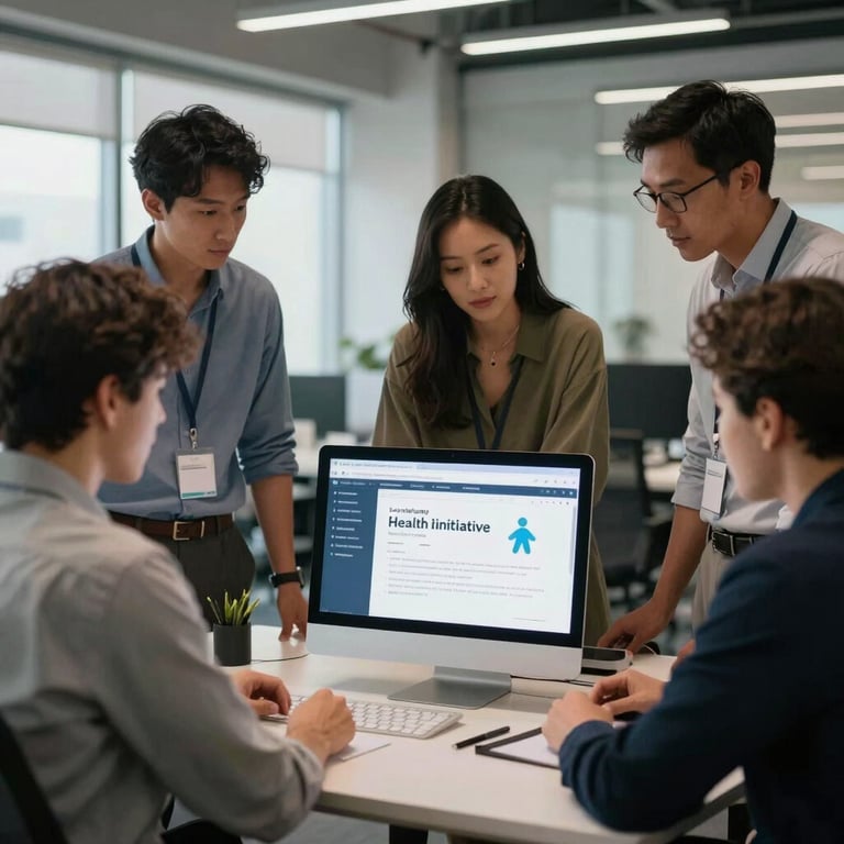 A group of diverse professionals in a modern North American office setting collaborating on a digital health initiative.