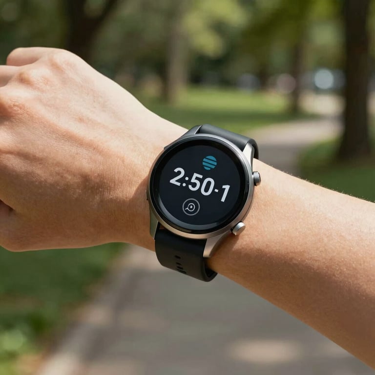 Macro photography of a high-end wellness wearable on a person's wrist during an outdoor walk in a sunlit North American park.